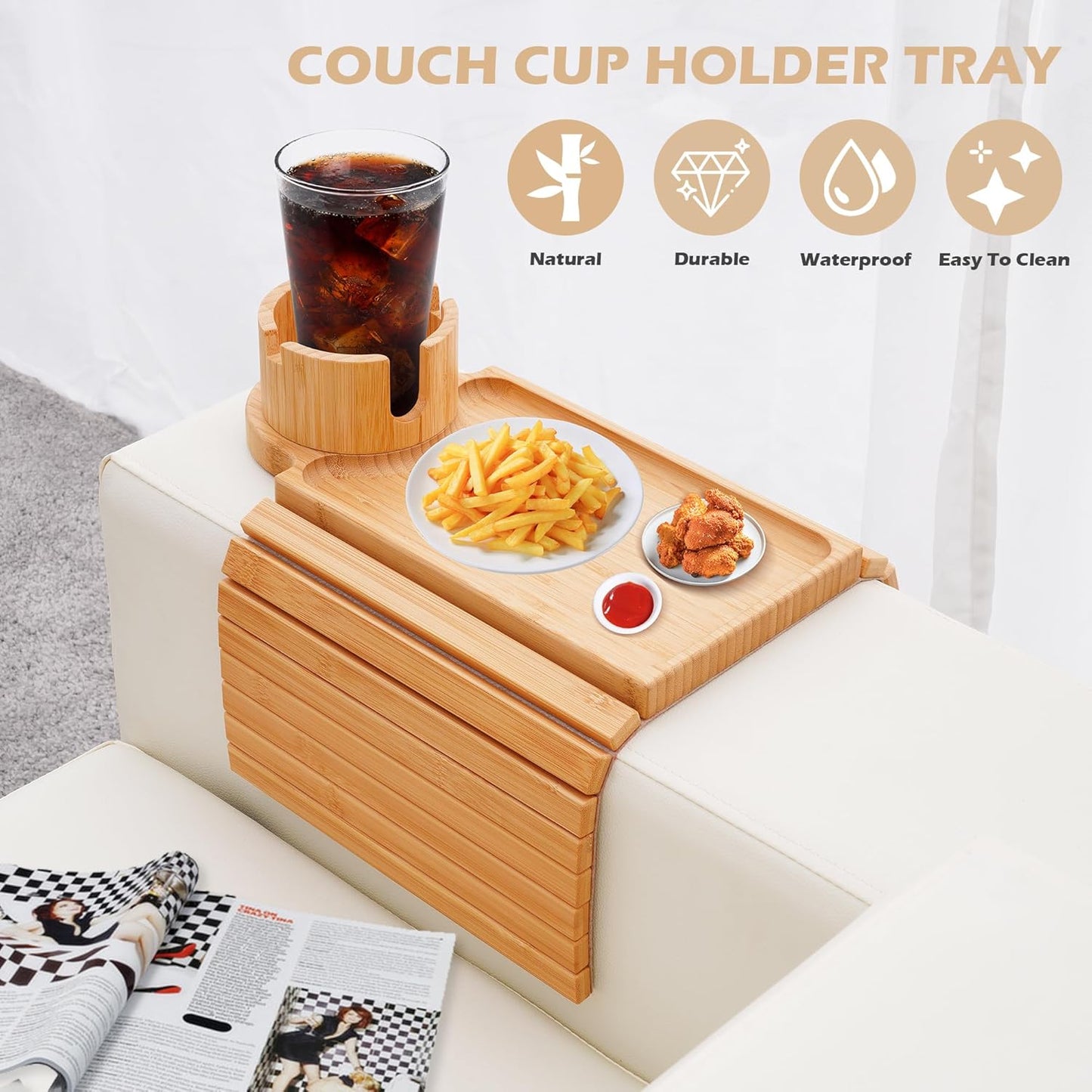 Couch Cup Holder Tray, 3 in 1 Couch Arm Trays,Large Bamboo Chair Arm Rest Tray with 360° Cup Holder,Removable Anti-Slip Organizer for Snack Eating