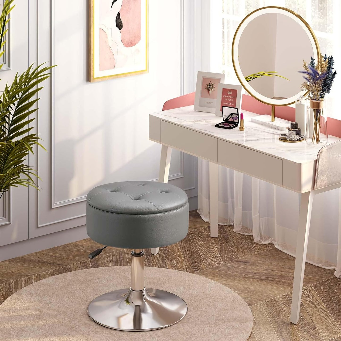 GREENSTELL Vanity Stool with Storage, 19" to 23" Height Adjustable PU Leather Vanity Chair, 360° Swivel Makeup Stool with Removeable Tray, Modern Ottoman for Bedroom Bathroom, Grey
