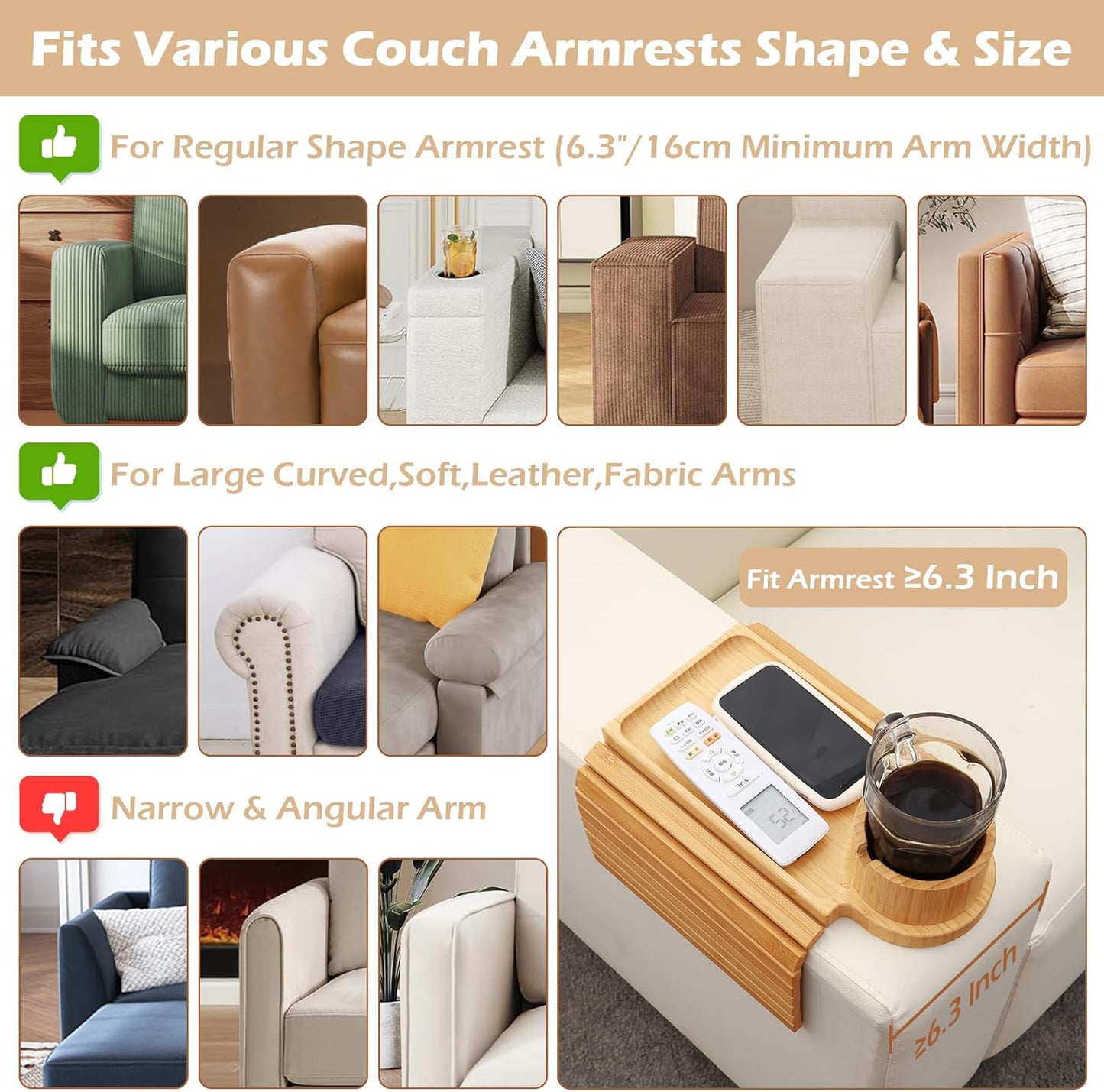 Couch Cup Holder Tray, 3 in 1 Couch Arm Trays,Large Bamboo Chair Arm Rest Tray with 360° Cup Holder,Removable Anti-Slip Organizer for Snack Eating