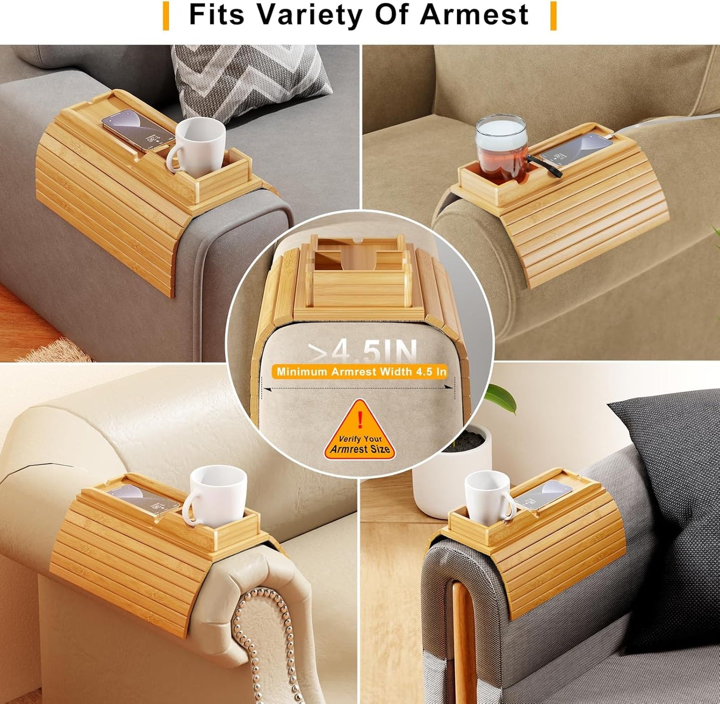 Bamboo Sofa Armrest Tray - Couch Arm Tray with Detachable Couch Cup Holder - 2 in 1 Anti-Slip Foldable Sofa Armchair Caddy Table - Cup Holder for Drinks Cellphone TV Remote Snacks