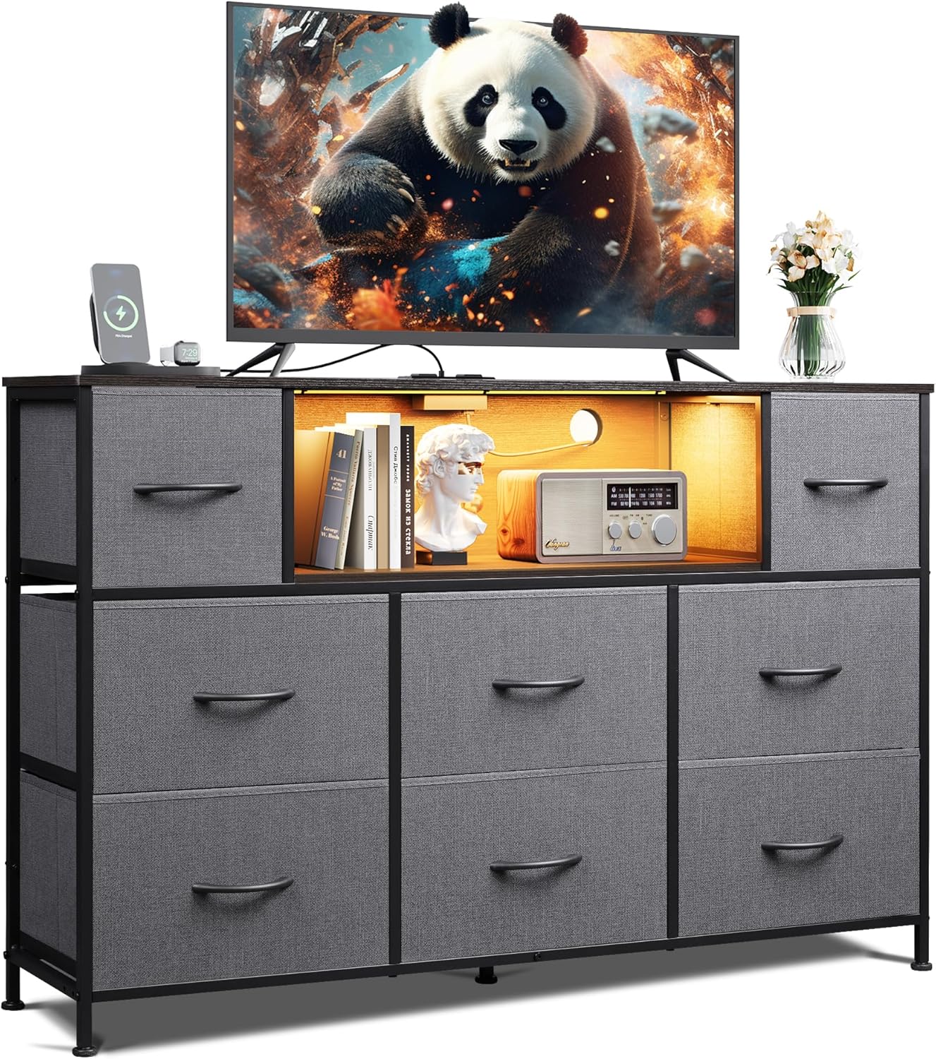 WLIVE Black TV Stand for 45, 50, 55 inch TV, Entertainment Center with LED Lights & Charging Station, TV Media Console Table with 8 Fabric Drawers and Open Shelves for Living Room, Hallway, Wood Top