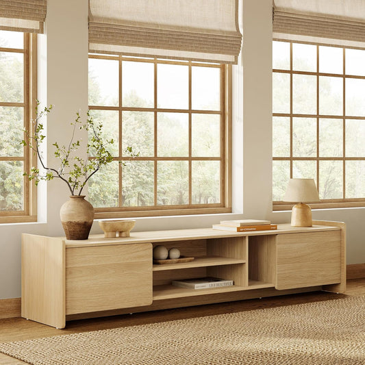 LuxenHome TV Stand for Living Room up to 80'' TVs, 70'' Wide Mid-Century Modern TV Console Cabinet with Rounded Corners, Wood Low Media Console Entertainment Center with Storage for Entryway